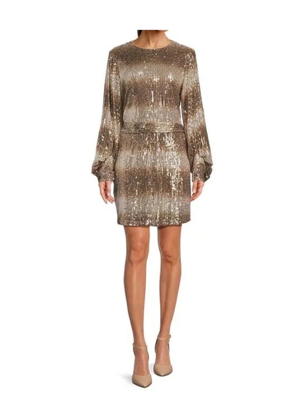 Badgley Mischka Jenna SequinOmbre Crew Neck Long Sleeve TieSash Sheath Dress Sz2